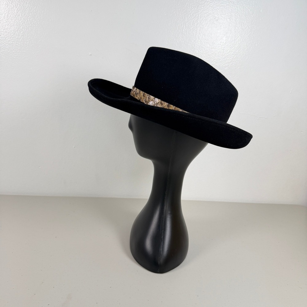 Eric Javits Black Felt Fedora Hat‎ Genuine Python Band Buckle - Picture 4 of 9